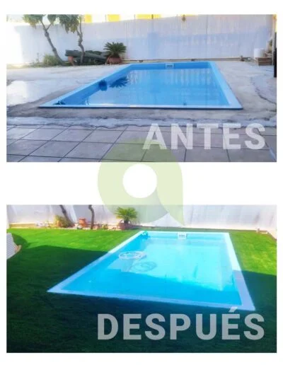 Antes y después de instalar césped artificial en una piscina