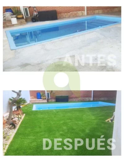 Antes y después de instalar césped artificial en una piscina