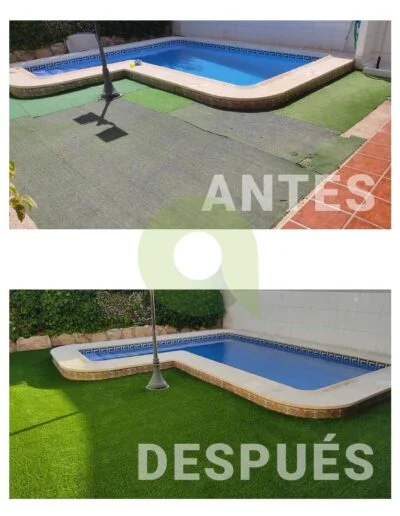 Antes y después de instalar césped artificial en una piscina