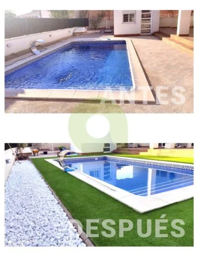 Antes y después de instalar césped artificial en una piscina