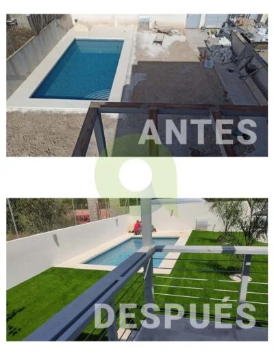 Antes y después de instalar césped artificial en una piscina