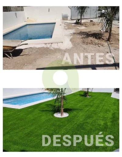 Antes y después de instalar césped artificial en una piscina