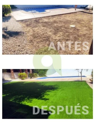 Antes y después de instalar césped artificial en una piscina