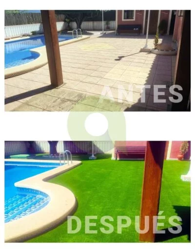 Antes y después de instalar césped artificial en una piscina