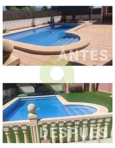 Antes y después de instalar césped artificial en una piscina