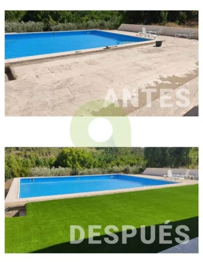 Antes y después de instalar césped artificial en una piscina