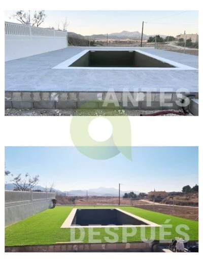 Antes y después de instalar césped artificial en una piscina