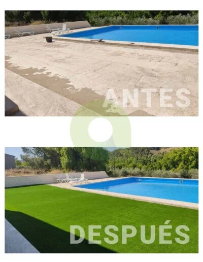 Antes y después de instalar césped artificial en una piscina