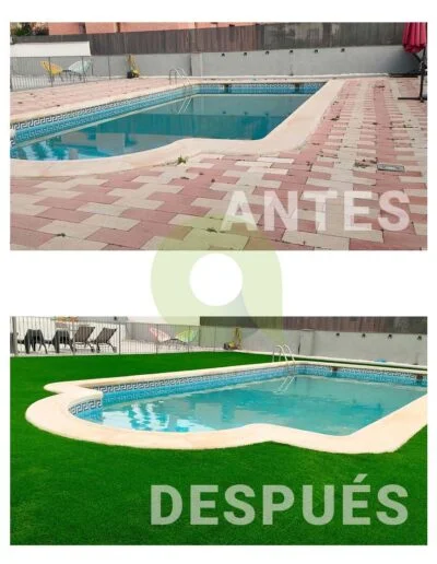 Antes y después de instalar césped artificial en una piscina