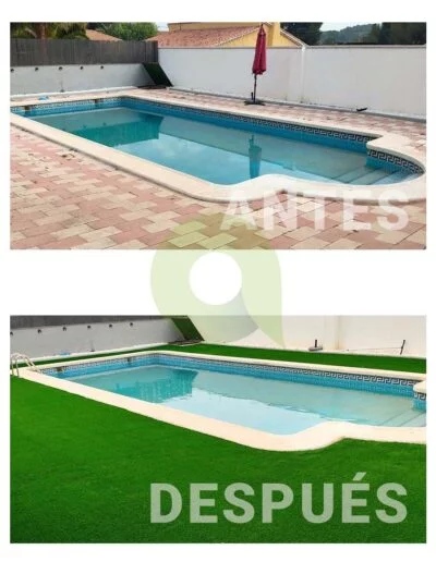 Antes y después de instalar césped artificial en una piscina