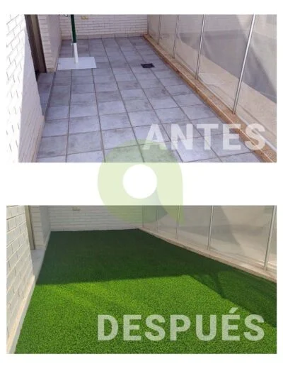 Antes y después de instalar césped artificial en una piscina