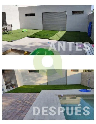 Antes y después de instalar césped artificial en una piscina