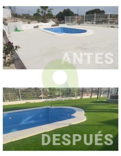 Antes y después de instalar césped artificial en una piscina