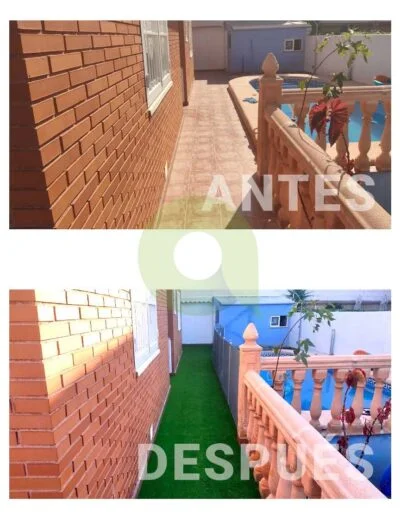 Antes y después de instalar césped artificial en una piscina