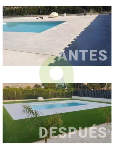 Antes y después de instalar césped artificial en una piscina