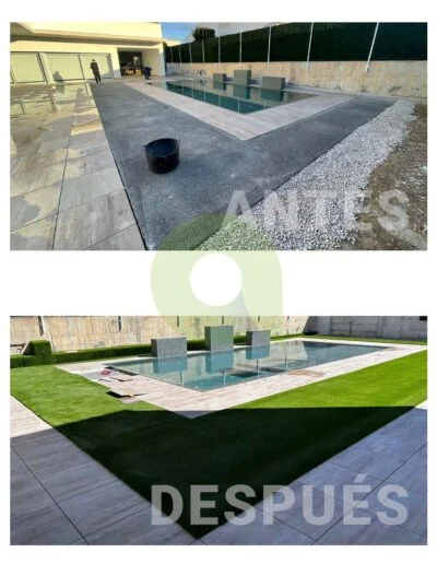 Antes y después de instalar césped artificial en una piscina