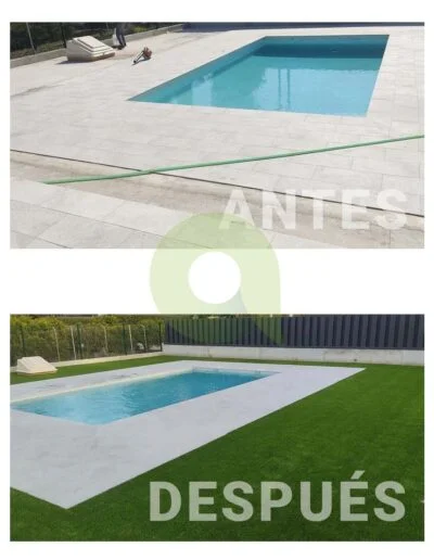 Antes y después de instalar césped artificial en una piscina