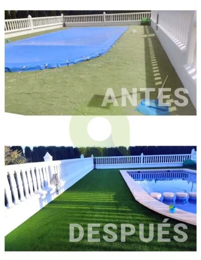 Antes y después de instalar césped artificial en una piscina
