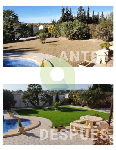Antes y después de instalar césped artificial en una piscina