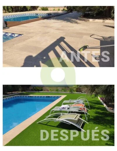Antes y después de instalar césped artificial en una piscina