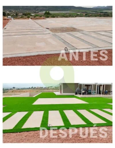 Antes y después de instalar césped artificial en una piscina