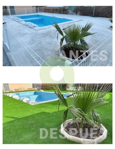 Antes y después de instalar césped artificial en una piscina