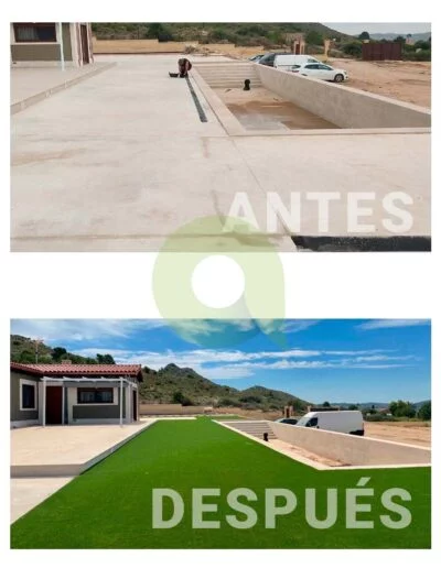 Antes y después de instalar césped artificial en una piscina