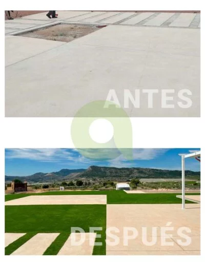 Antes y después de instalar césped artificial en una piscina