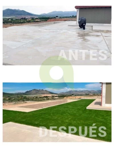 Antes y después de instalar césped artificial en una piscina