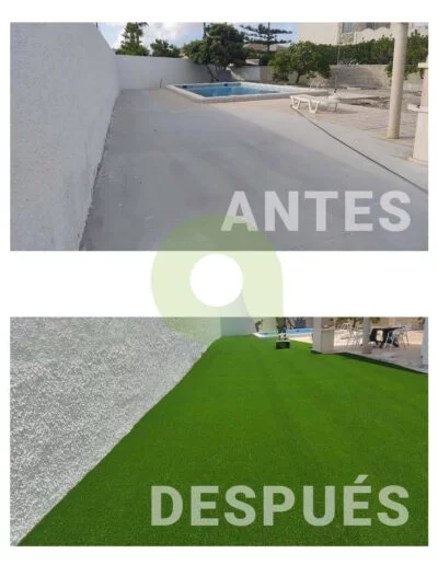 Antes y después de instalar césped artificial en una piscina