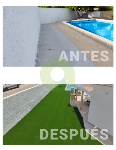 Antes y después de instalar césped artificial en una piscina
