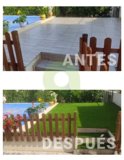 Antes y después de instalar césped artificial en una piscina
