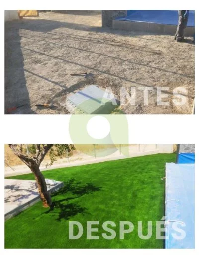 Antes y después de instalar césped artificial en una piscina