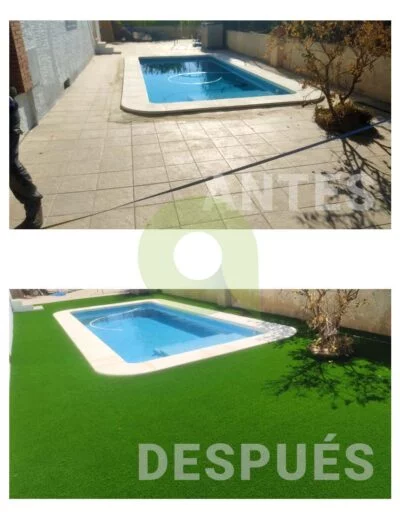 Antes y después de instalar césped artificial en una piscina