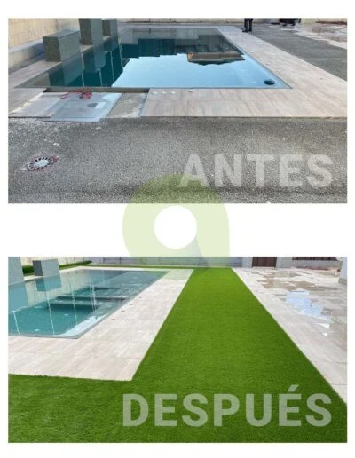 Antes y después de instalar césped artificial en una piscina