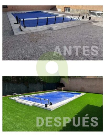 Antes y después de instalar césped artificial en una piscina