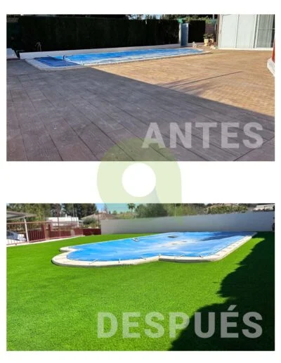 Antes y después de instalar césped artificial en una piscina