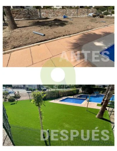 Antes y después de instalar césped artificial en una piscina