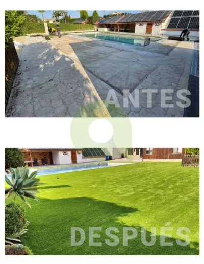 Antes y después de instalar césped artificial en una piscina