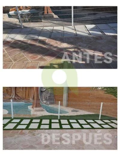 Antes y después de instalar césped artificial en una piscina