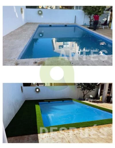 Antes y después de instalar césped artificial en una piscina