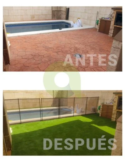 Antes y después de instalar césped artificial en una piscina