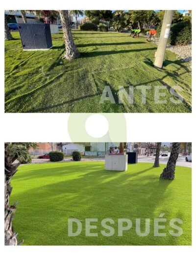 Antes y después de instalar césped artificial en zonas públicas