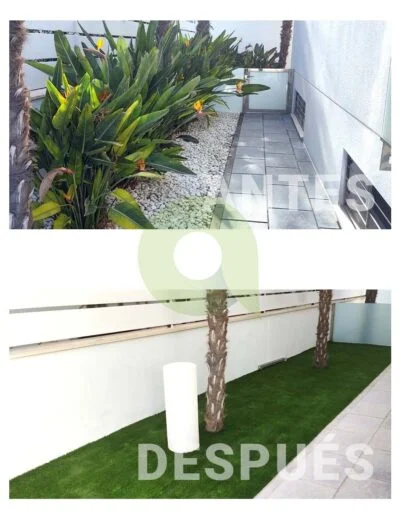 Antes y después de instalar césped artificial en zonas públicas