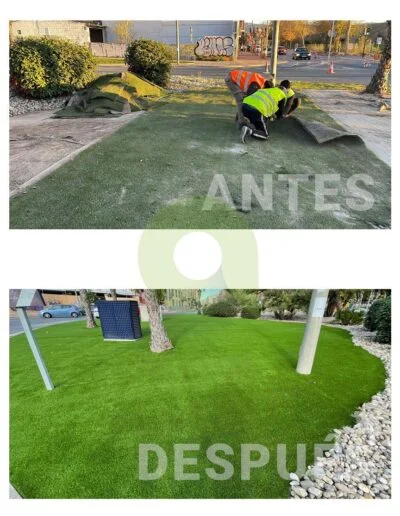 Antes y después de instalar césped artificial en zonas públicas