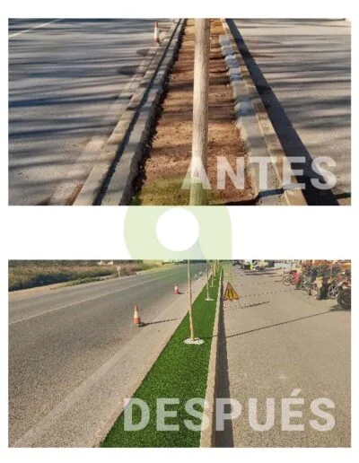 Antes y después de instalar césped artificial en zonas públicas