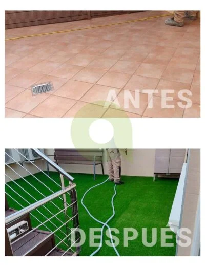 Instalación de césped artificial en una terraza