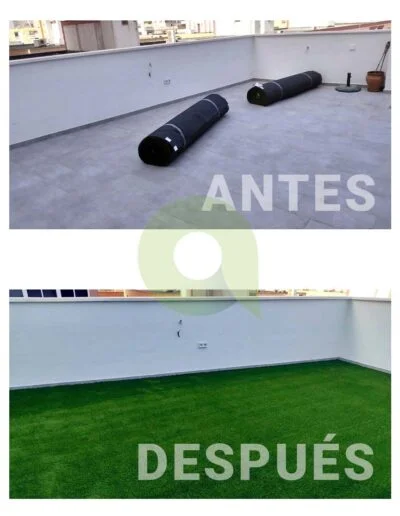 Instalación de césped artificial en una terraza