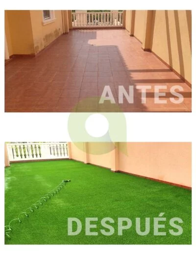 Instalación de césped artificial en una terraza