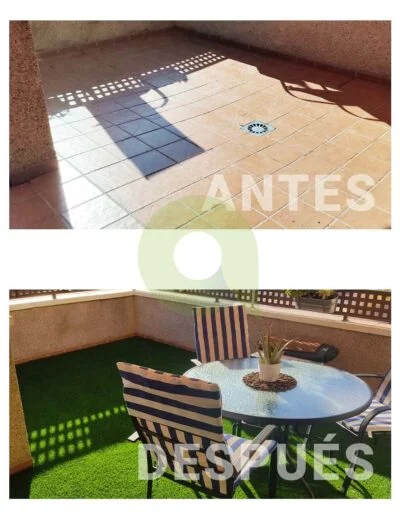 Instalación de césped artificial en una terraza